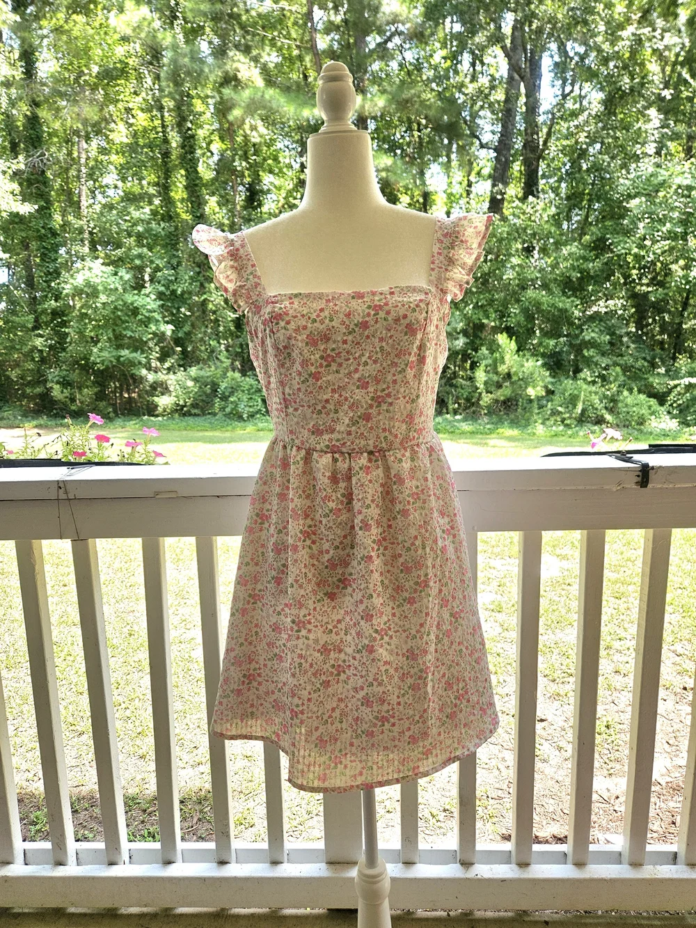 Altar'd State Pink Ditsy Floral Mini Dress Square Neck Ruffle Flutter Sleeve Med